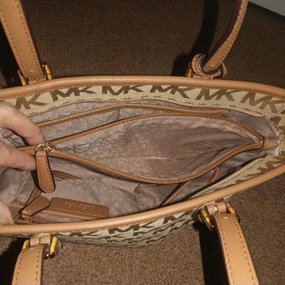 Michael Kors Tan MK Logo Canvas Shoulder Bag W/Brown Leather Trim - Medium Sized - Picture 14 of 15